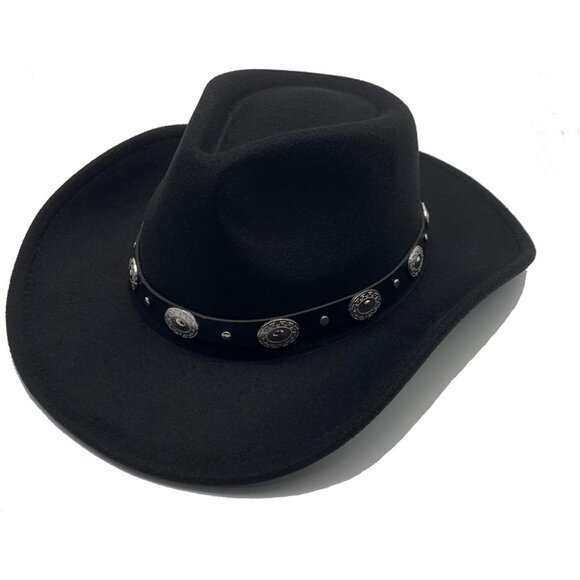 🆕 Men Black Cowboy Hat Western Felt Fedora Chapeau Halloween Costume Belt Wicks - Picture 1 of 6